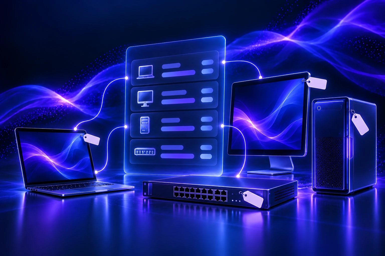 Concept illustration of IT equipment connected to an asset inventory ledger in indigo on navy