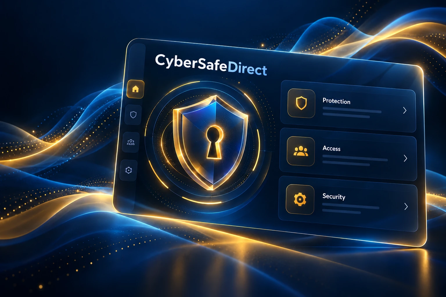 Concept illustration of layered cyber protection with an amber shield and secure connections