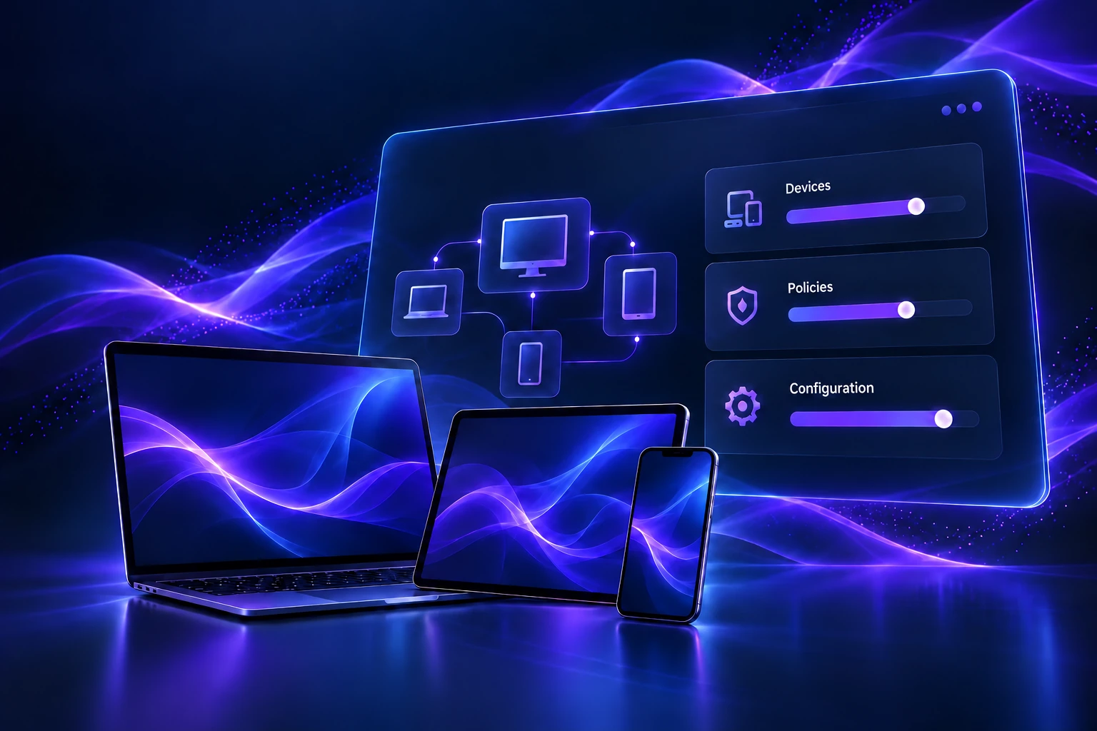 Concept illustration of a managed fleet of computers, tablets and phones in violet