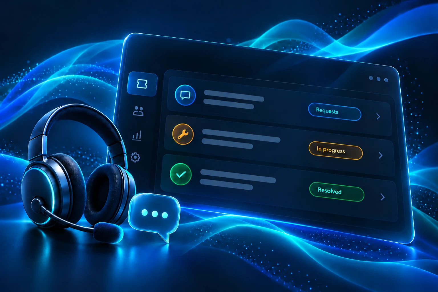 Concept illustration of a headset and a ticketing interface in turquoise
