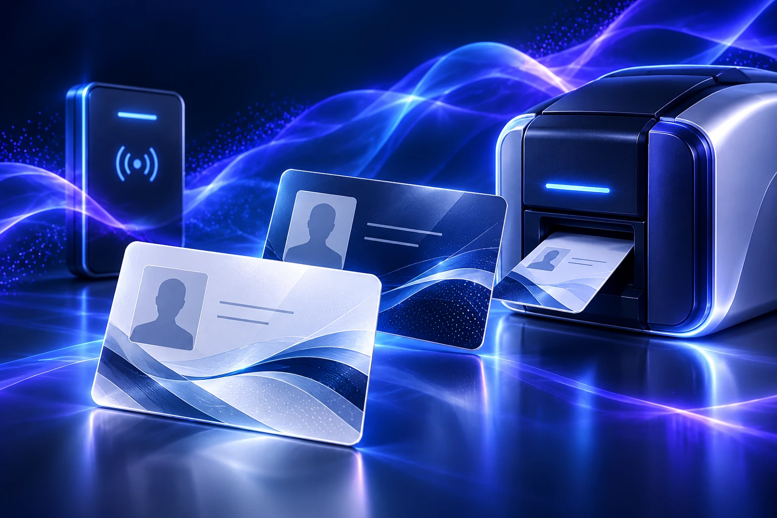 Concept illustration of fictional ID and access cards with a physical card printer in silver-blue on navy