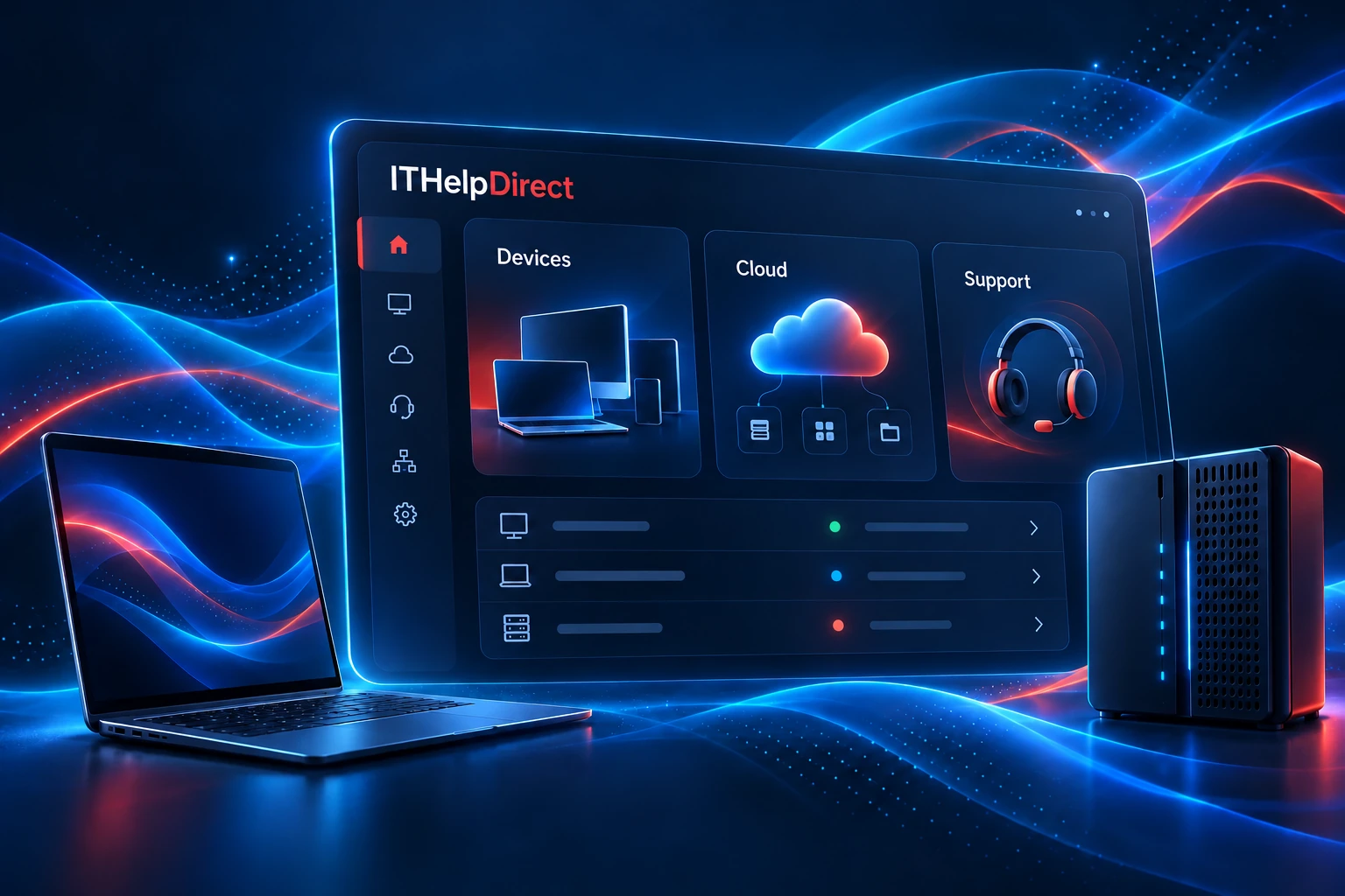 Concept illustration of managed IT, cloud services and connected workstations in coral and navy