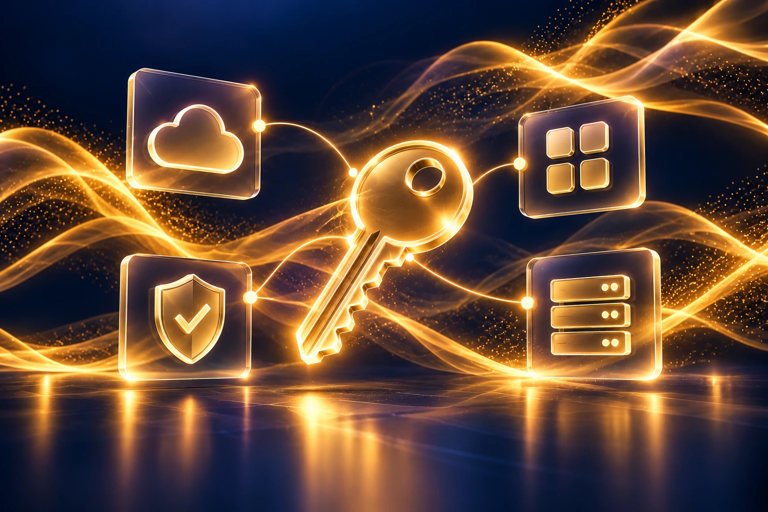 Concept illustration of software licence entitlements, cloud services, security and a luminous golden licence key on navy