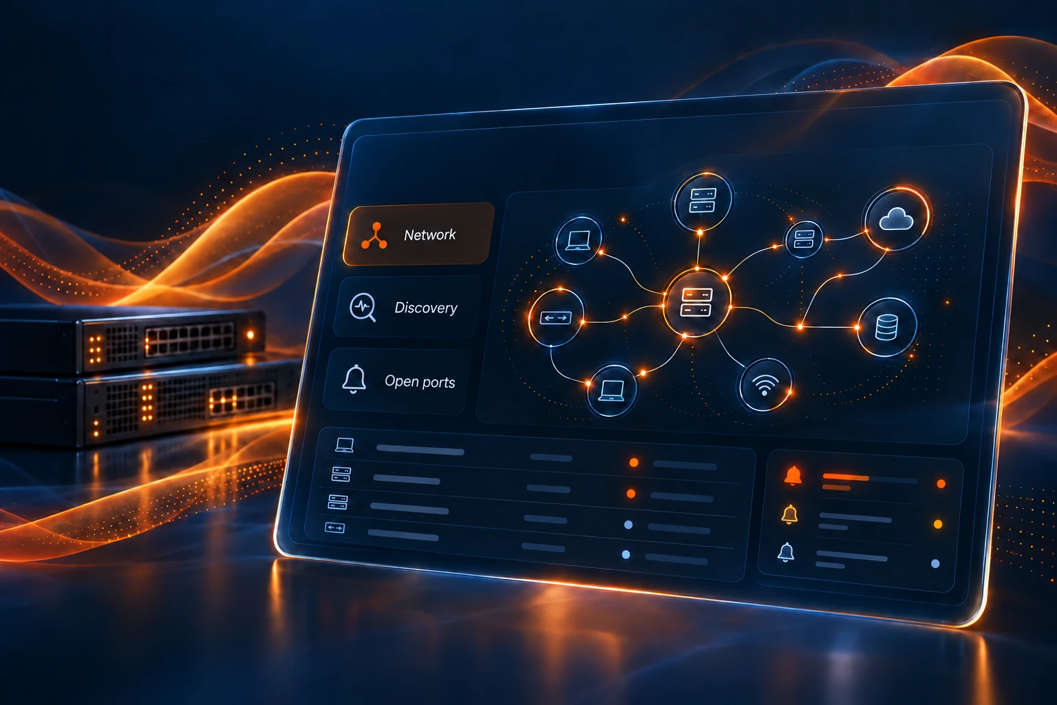 Concept illustration of network links, connected equipment and a discovery display in orange