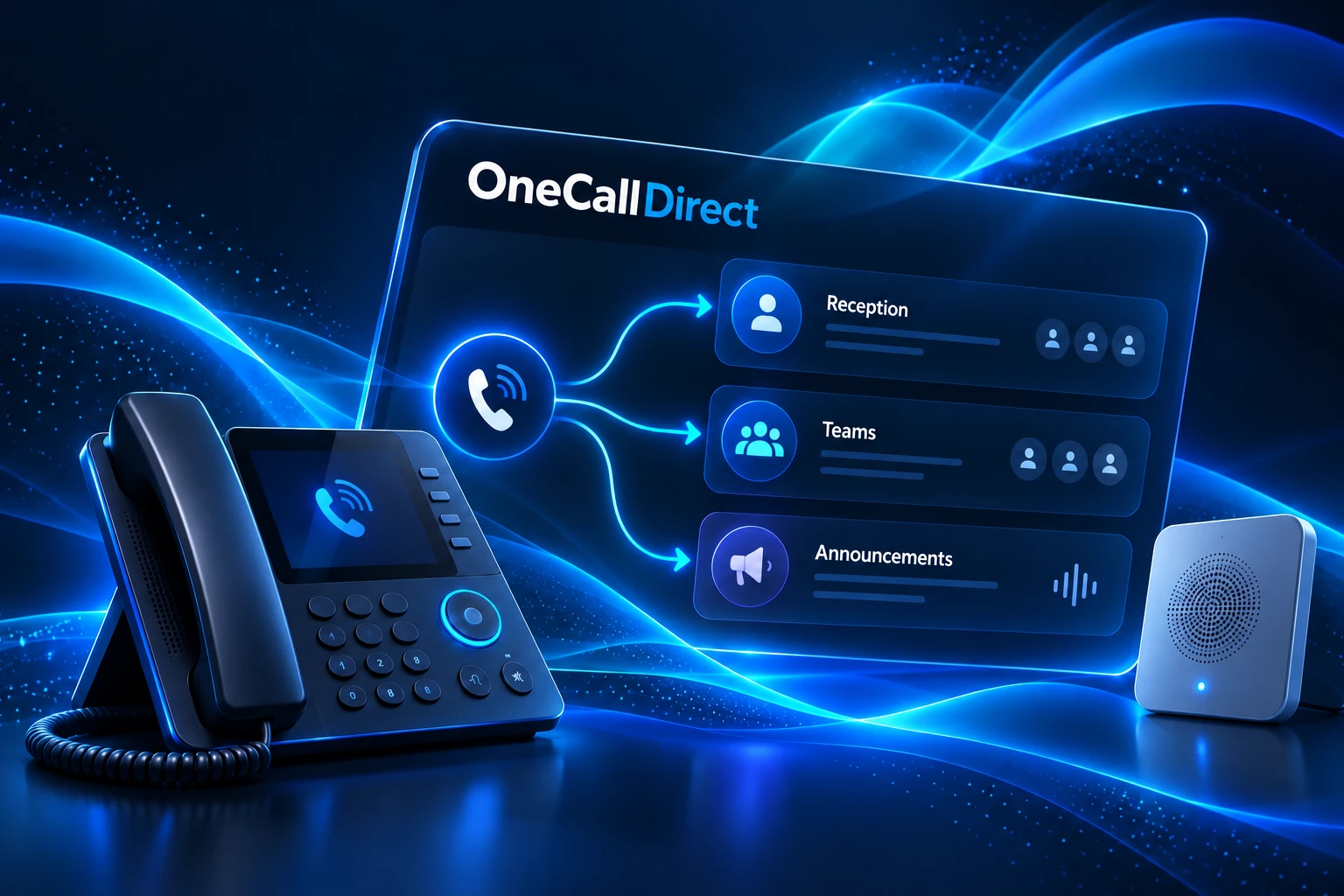 Concept illustration of business phones and call routing in luminous blue on navy
