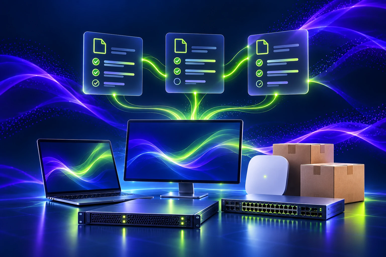 Concept illustration of IT equipment, delivery boxes and three quotation panels in luminous lime on navy