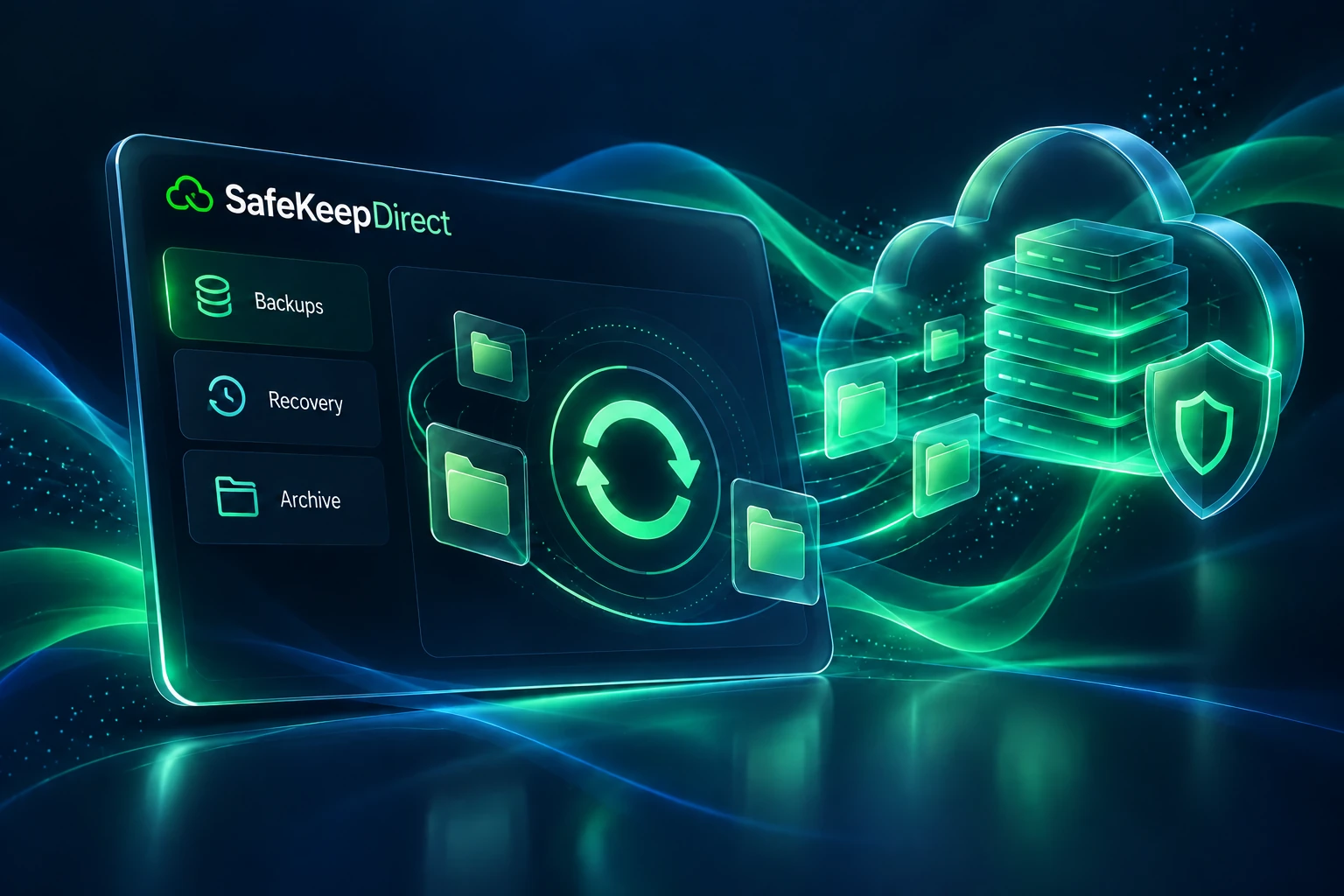 Concept illustration of backup and data recovery with green light ribbons