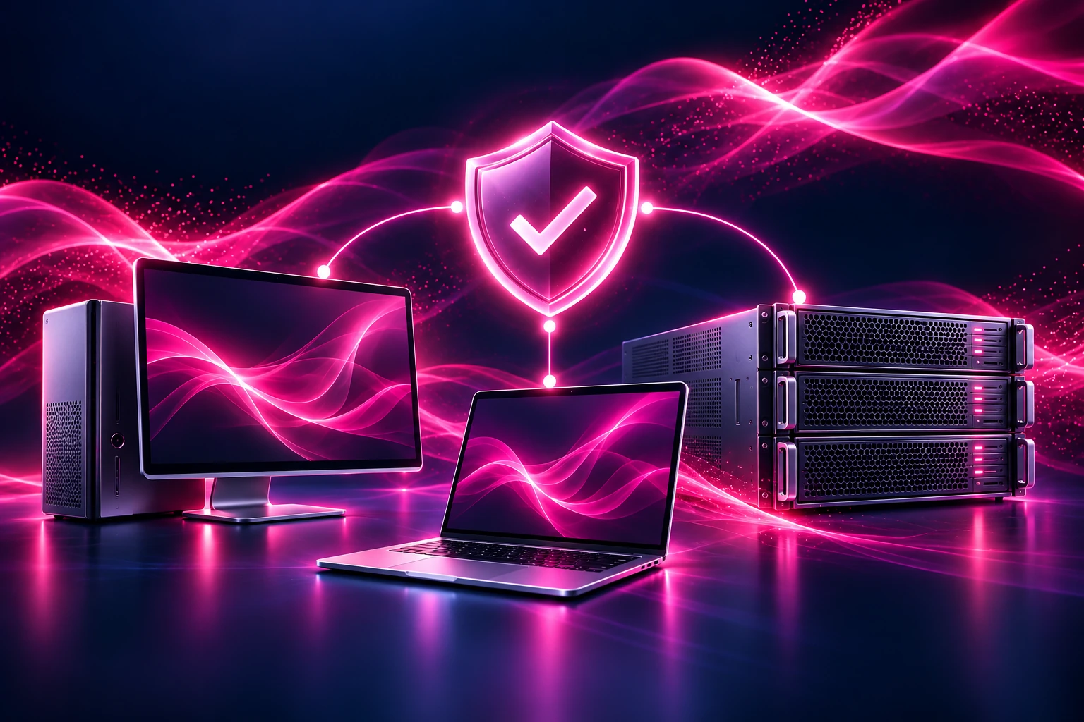 Concept illustration of desktop, laptop and server hardware protected by a luminous pink warranty shield