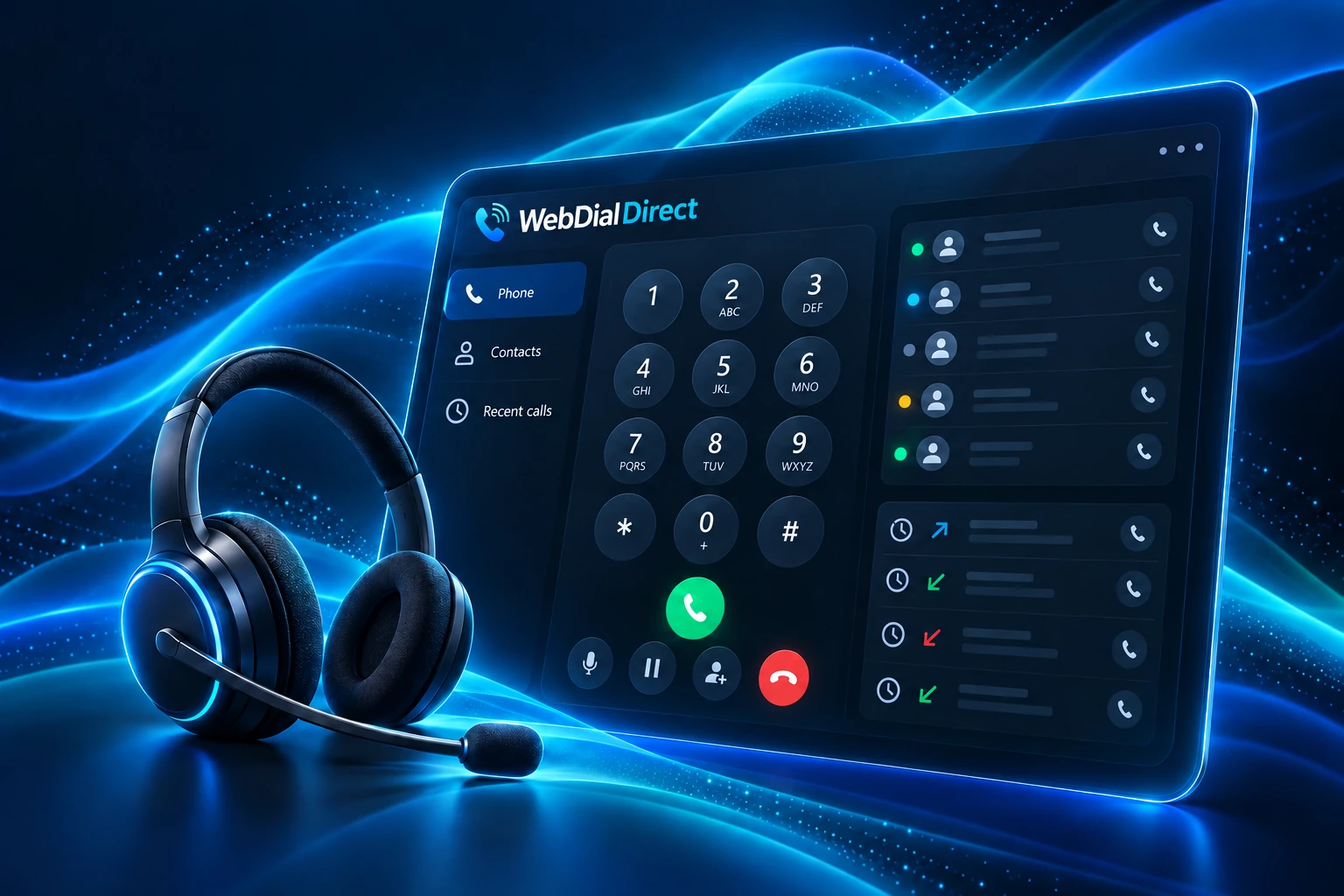 Concept illustration of a browser softphone with dial pad and contact panels in cyan
