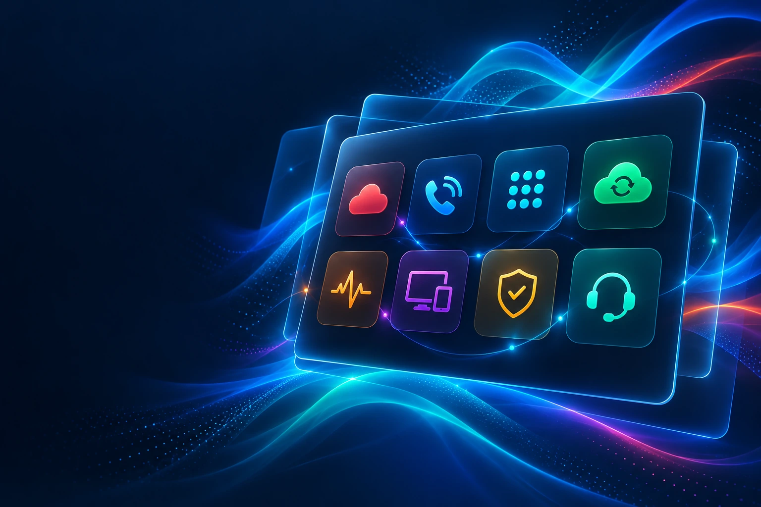 Connected service icons on a navy glass panel with flowing blue light ribbons